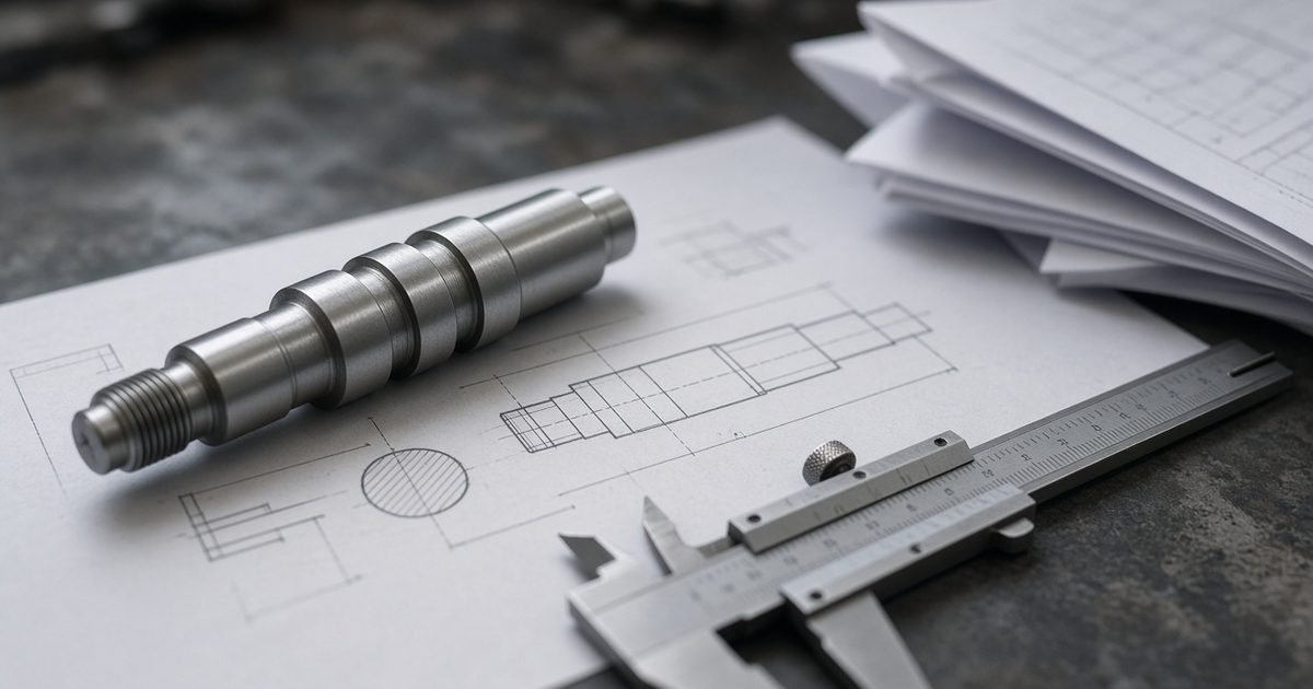 Machined steel shaft and caliper resting on an engineering drawing on a workshop bench